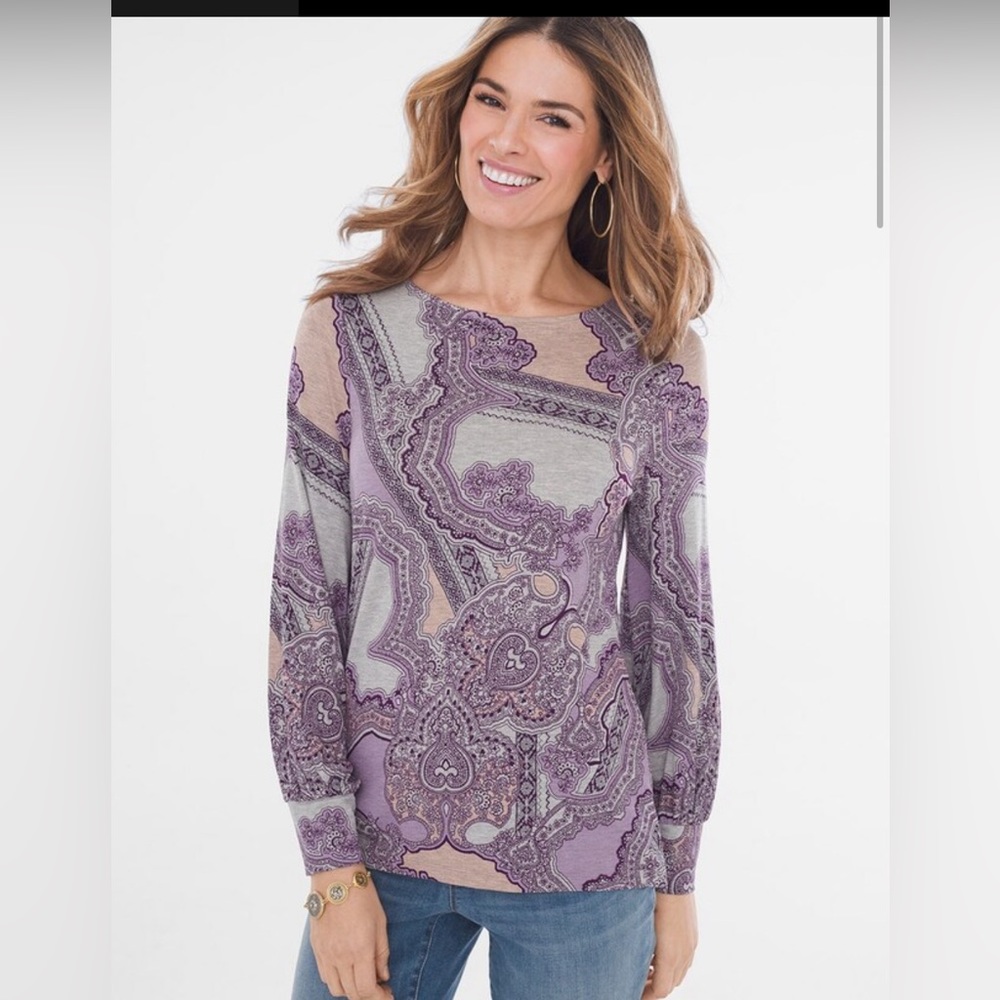 Chico’s Patchwork Balloon-Sleeve Top size 0 us small good condition